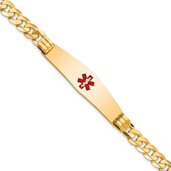 14k Yellow Gold Medical Soft Diamond Shape Red Enamel Curb Link ID Bracelet