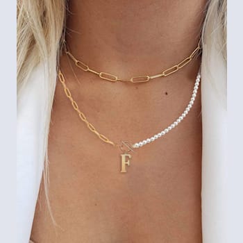 14K Gold Over Brass Initial Pearl Simulant Link Chain Necklace Letter F