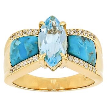 Blue Topaz, Inaly Turquoise And White Zircon Ring In 18K Gold Over
Sterling Silver 1.97ctw