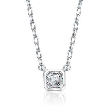 Square CZ Bezel Solitaire Pendant In Rhodium Over Brass 16 Inch