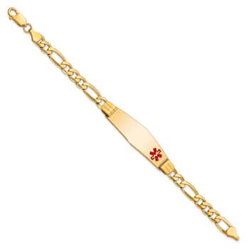 14k Yellow Gold Medical Soft Diamond Shape Red Enamel Flat Figaro Link
ID Bracelet