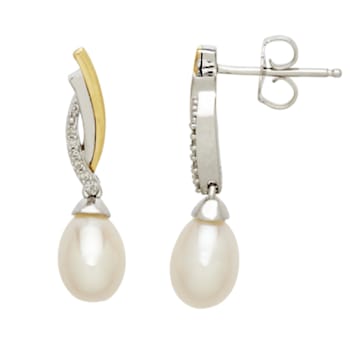 White Freshwater Pearl with 0.05ctw Diamond Sterling Silver/14K Gold
Over Sterling Silver Earrings