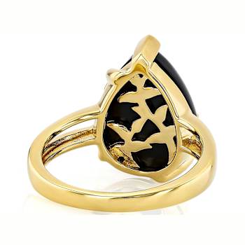 Black Spinel Pear Solitaire Ring In 18K Gold Over Sterling Silver 8.64ct