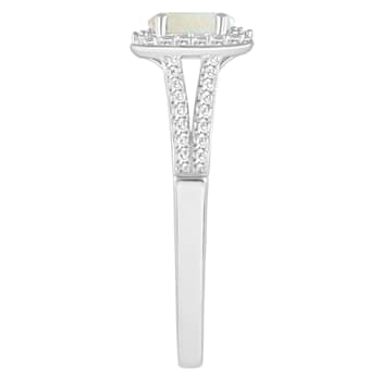 6x4mm Oval Opal 1/4 ctw Diamond Rhodium Over Sterling Silver Halo Ring