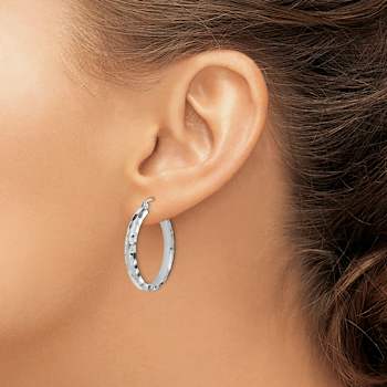 Rhodium Over 14k White Gold Diamond-Cut 13/16" Hoop Earrings