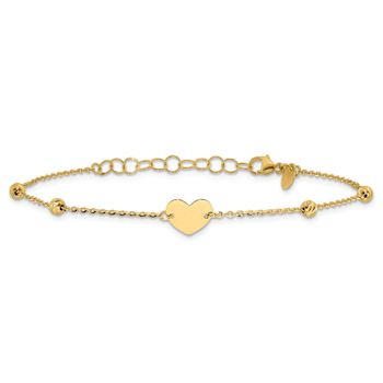 14K Yellow Gold Polished and Diamond-cut Heart and Beads Plus 1 Inch
Extension Bracelet