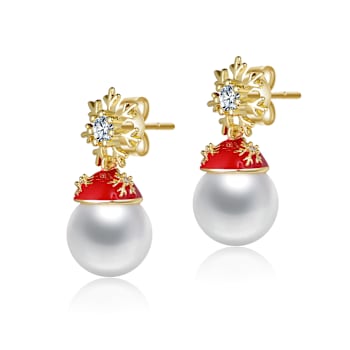 Festive Snowflake And Santa Hat Shell Pearl And CZ Drop Earrings In 14K
Gold Over Brass