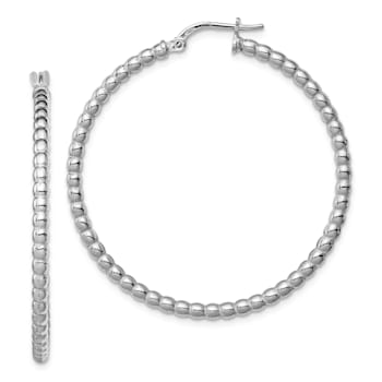 Rhodium Over Sterling Silver Beaded 3x35mm Hoop Earrings