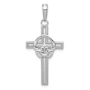 Rhodium Over 14K White Gold Polished Claddagh Cross Pendant
