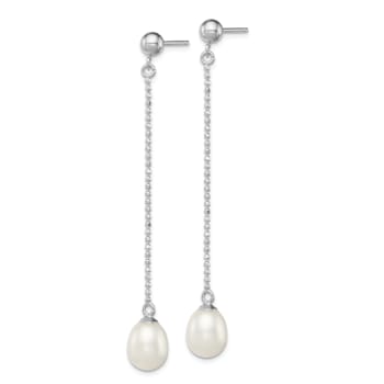 Rhodium Over Sterling Silver 7-8mm White Freshwater Cultured Pearl Post
Dangle Earrings
