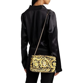 Versace Virtus Barocco Print Quilted Black and Gold Silk Shoulder Bag
