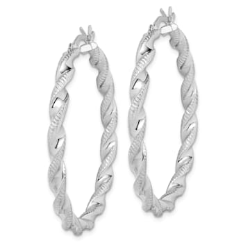 Rhodium Over Sterling Silver Twisted 3.5x40mm Hoop Earrings