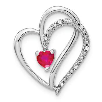 Rhodium Over 14k White Gold Ruby and Diamond Heart Chain Slide Pendant