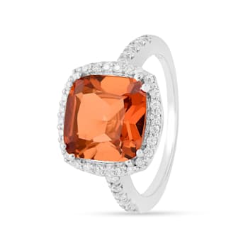 Peach Orange Lab Created Padparadscha Sapphire Rhodium Over Sterling
Silver Cushion Cut Halo Ring