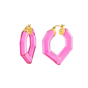 14K Yellow Gold Over Sterling Silver Heart Gem Acrylic Hoops in Magenta