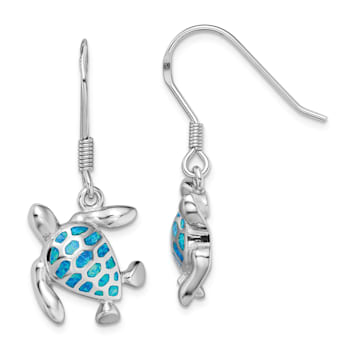 Rhodium Over Sterling Silver Lab Created Opal Turtle Earrings