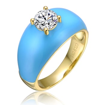 CZ And Blue Enamel Dome Ring In 14K Gold Over Brass