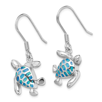 Rhodium Over Sterling Silver Lab Created Opal Turtle Earrings