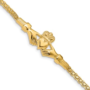 14k Yellow Gold Polished and Textured Claddagh Bracelet