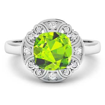 Green Peridot and White Diamond 14K White Gold Halo Ring 2.11 ctw