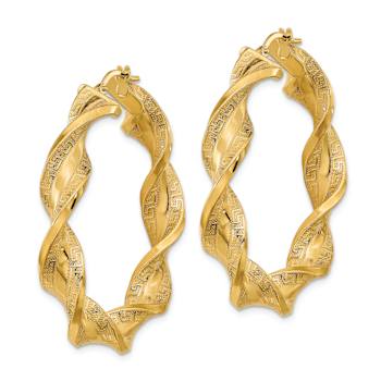 14k Yellow Gold 1 11/16" Polished and Greek Satin Twisted Hoop Earrings