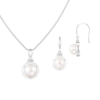 7½-10mm Button White Freshwater Pearl and CZ Rhodium Over Sterling
Earring and Pendant W/Chain Set