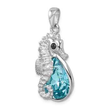 Rhodium Over Sterling Silver Crystal Background Seahorse Pendant