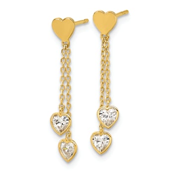 14k Yellow Gold Polished Cubic Zirconia Hearts Post Dangle Earrings