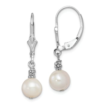 Rhodium Over Sterling Silver Beaded Freshwater Cultured Pearl Leverback
Dangle Earrings