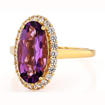 Amethyst Oval And White Zircon Ring In 18K Gold Over Sterling Silver 3.02ctw