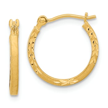 14k Yellow Gold 5/8" Satin, Polished and Diamond-Cut Design Hoop Earrings