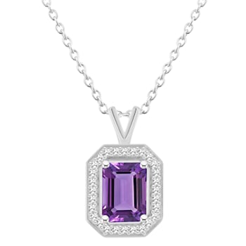 8x6mm Emerald Cut Amethyst 1/7 ctw Diamond Rhodium Over Sterling Silver
Halo Pendant with Chain