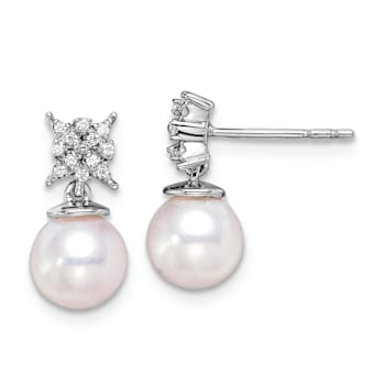 Rhodium Over 14K White Gold Freshwater Cultured Pearl and Diamond Post Earrings