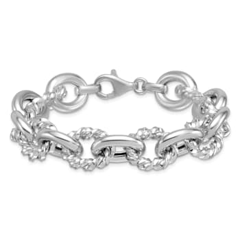 Rhodium Over Sterling Silver Polished and Twisted Oval Link Bracelet