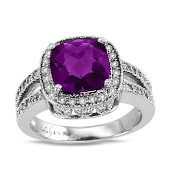 9mm Cushion Amethyst with Diamond Accents 14k White Gold Halo Split
Shank Ring 0.50ctw
