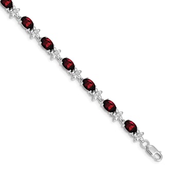 Rhodium Over 14k White Gold Floral Diamond and Garnet Bracelet