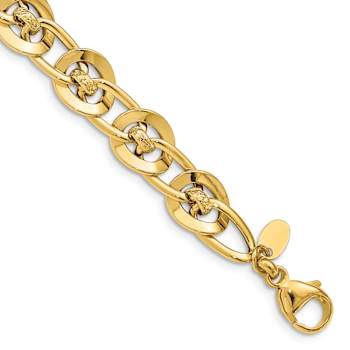 14k Yellow Gold 9.9mm Polished and Textured Fancy Link Bracelet