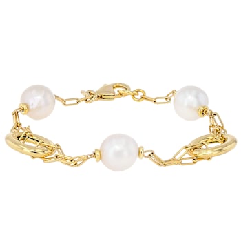Cultured Freshwater Pearl Station Bracelet In 18K Gold Over Bronze 9mm