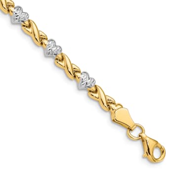 14k Yellow Gold and Rhodium Over 14k Yellow Gold Polished Textured Heart
and X Bracelet