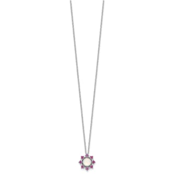 Rhodium Over Sterling Silver Lab Created Opal and Pink Crystal Flower Necklace