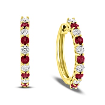 1.35ctw Ruby and Diamond Hoop Earrings in 14k Yellow Gold
