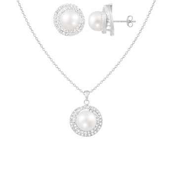 8½-9mm Button White Freshwater Pearl and CZ Rhodium Over Sterling
Earring and Pendant W/Chain Set