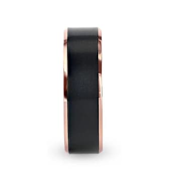 STEPHEN Rose Gold Plated Black Titanium Flat Brushed Wedding Ring With
Beveled Polished Edges 8mm