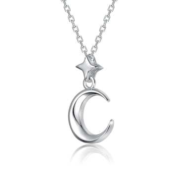 Celestial Crescent Moon And Star Drop Necklace In Rhodium Over Brass