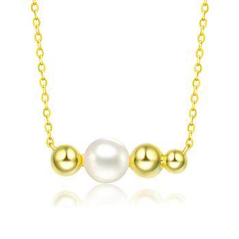Freshwater Pearl And Gold Bead Bar Necklace In 14K Gold Over Sterling Silver