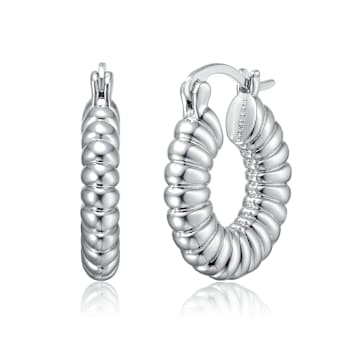 Ribbed Tubular Hoop Earrings In Rhodium Over Brass