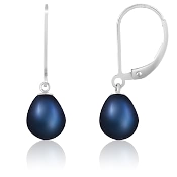 7-8mm Black Cultured Freshwater Pearl Rhodium Over Sterling Silver Earrings