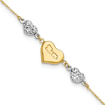 14k Two-tone Gold Puffed Mom Heart and Diamond-Cut Hearts Bracelet