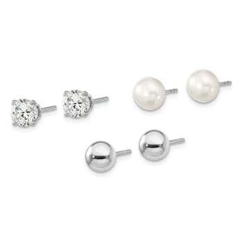 Rhodium Over Sterling Silver Ball/ 6-7mm Button Freshwater Cultured
Pearl/CZ Stud Ear Set