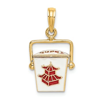 14k Yellow Gold 3D Red and White Enameled Moveable Chinese Take-Out Box Charm